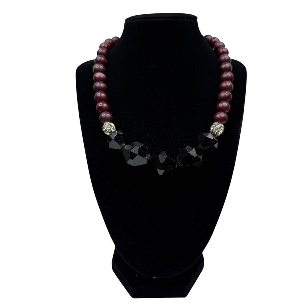Chunky Maroon Beaded Necklace Black Faceted & Rhinestone Accents Fashion 17in